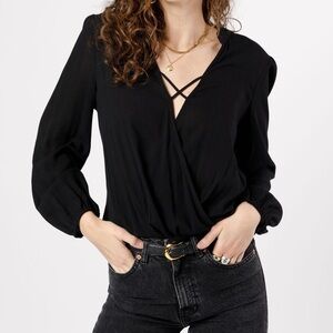 Band of gypsies Black Wrap-Front Blouse with Crisscross Neckline
